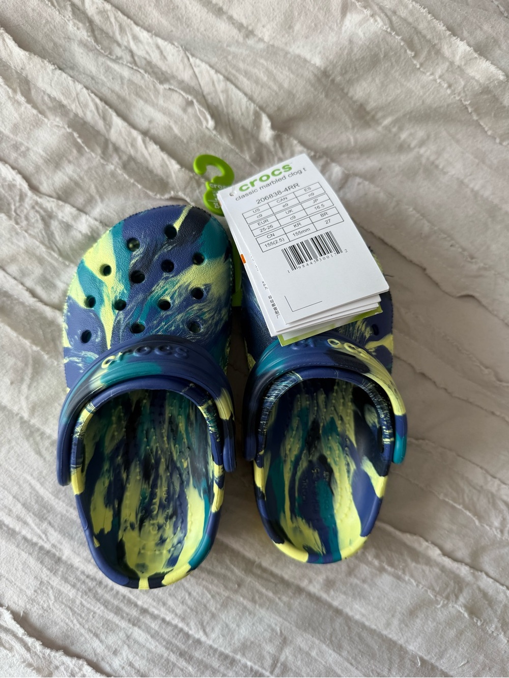 New With Tags Croc Clogs Blue And Yellow Marbled Toddler C9